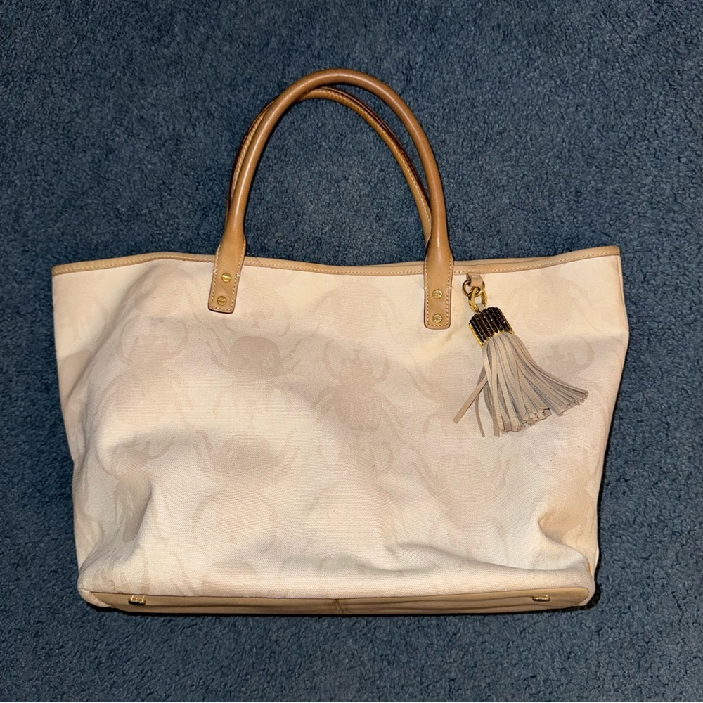 India Hicks Mayfair Beetle Tote Canvas Leather Tassel Charm Tan Cream - Picture 6 of 13